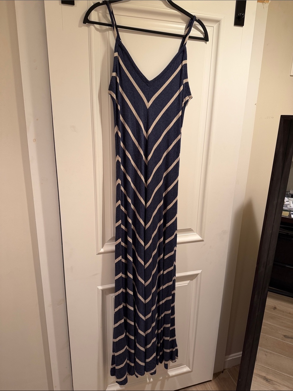 Matty M Navy and Cream Chevron V-Neck Maxi Dress